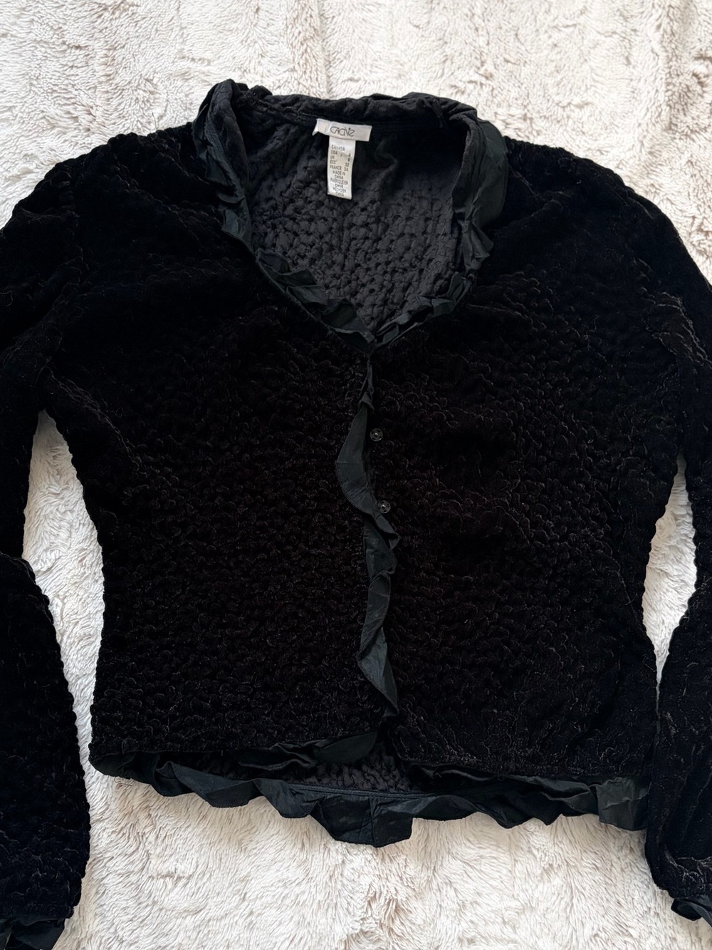 🖤 Vintage Caché Black Velvet Ruffle Cardigan Jacket Y2K Whimsy Goth Witchy 90s